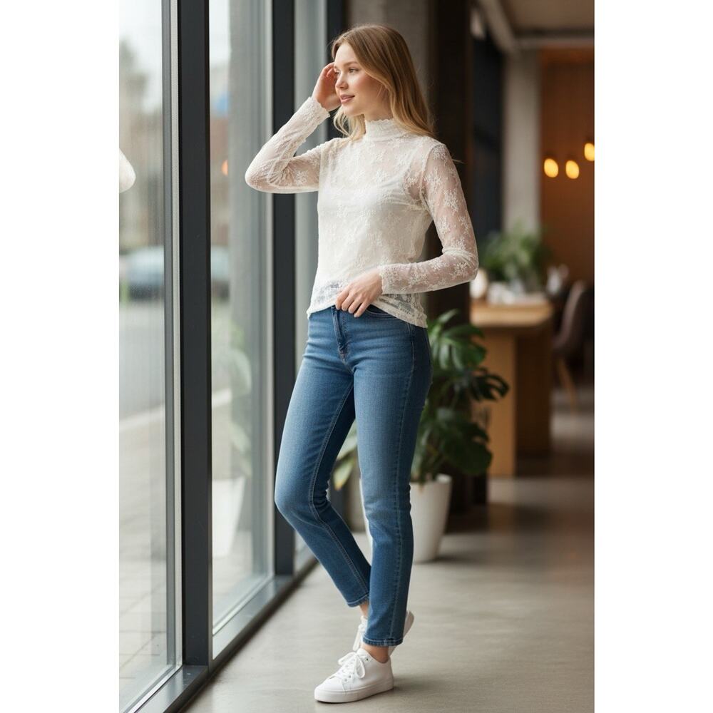 Free People Lace Sheer Long Sleeve Mock Neck Blouse Cream Size XL Romantic